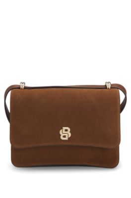Suede crossbody bag with Double B monogram, Brown