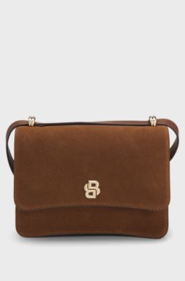 Suede crossbody bag with Double B monogram, Brown