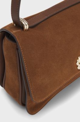Suede crossbody bag with Double B monogram, Brown