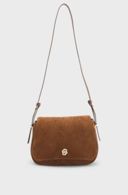 Suede saddle bag with Double B monogram, Brown