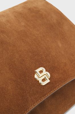 Suede saddle bag with Double B monogram, Brown