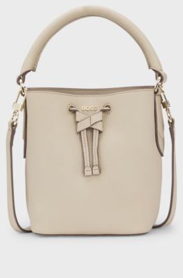 Leather bucket bag with logo lettering, Light Beige