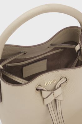 Leather bucket bag with logo lettering, Light Beige
