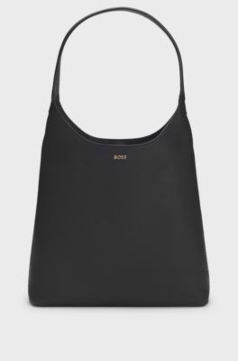 Hobo bag in leather with metallic logo lettering, Black