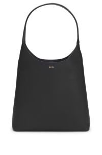 Hobo bag in leather with metallic logo lettering, Black