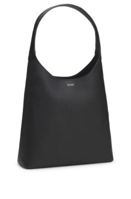 Hobo bag in leather with metallic logo lettering, Black