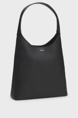 Hobo Bag aus Leder mit metallenem Logo-Schriftzug, Schwarz