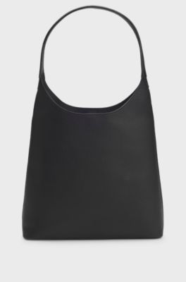 Hobo bag in leather with metallic logo lettering, Black