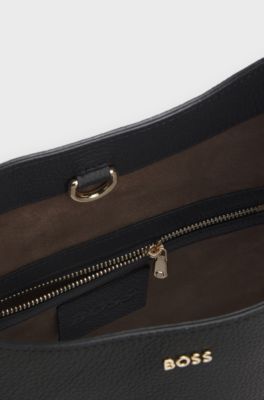 Hobo bag in leather with metallic logo lettering, Black