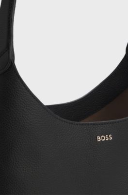 Hobo bag in leather with metallic logo lettering, Black