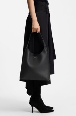 Hobo bag in leather with metallic logo lettering, Black