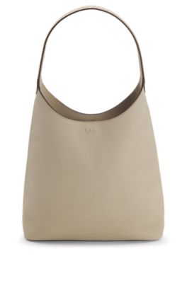 Hobo bag in leather with metallic logo lettering, Light Beige