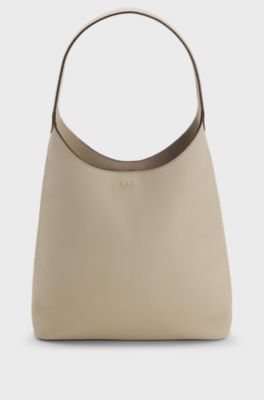 Hobo bag in leather with metallic logo lettering, Light Beige