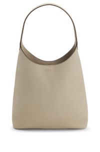 Hobo bag in leather with metallic logo lettering, Light Beige