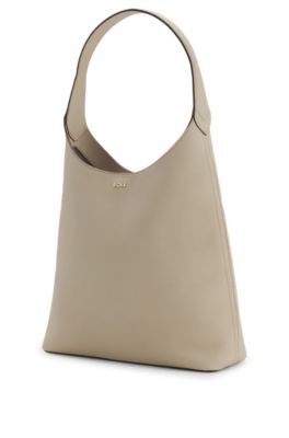 Hobo bag in leather with metallic logo lettering, Light Beige