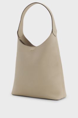 Hobo bag in leather with metallic logo lettering, Light Beige