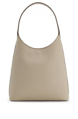 Hobo bag in leather with metallic logo lettering, Light Beige