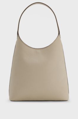 Hobo bag in leather with metallic logo lettering, Light Beige