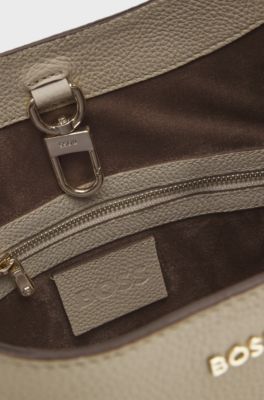 Hobo bag in leather with metallic logo lettering, Light Beige