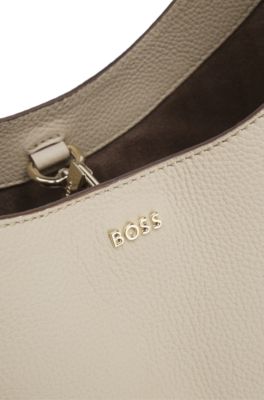 Hobo bag in leather with metallic logo lettering, Light Beige
