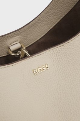 Hobo bag in leather with metallic logo lettering, Light Beige