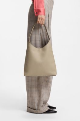 Hobo bag in leather with metallic logo lettering, Light Beige