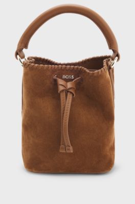 Suede bucket bag with whipstitching, Brown
