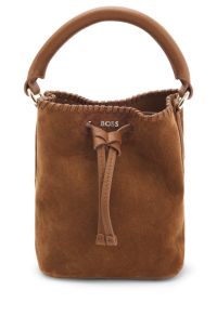 Suede bucket bag with whipstitching, Brown
