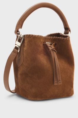 Suede bucket bag with whipstitching, Brown