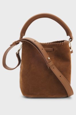 Suede bucket bag with whipstitching, Brown
