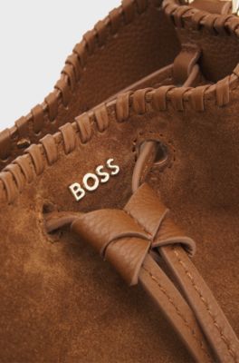 Suede bucket bag with whipstitching, Brown