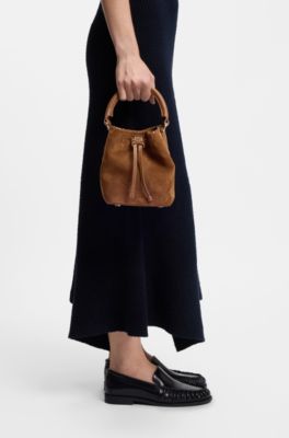 Suede bucket bag with whipstitching, Brown