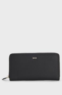 Ziparound wallet in grained leather with metallic logo lettering, Black