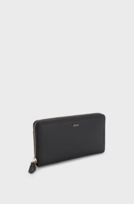 Portafoglio in pelle martellata con zip e scritta del logo in metallo, Nero