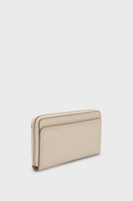 Portemonnee met rits rondom van generfd leer met metallic logoletters, Lichtbeige
