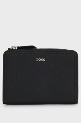 Portafoglio in pelle martellata con scritta del logo metallizzata, Nero