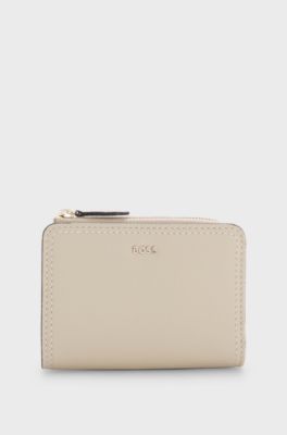 Grained-leather wallet with metallic logo lettering, Light Beige