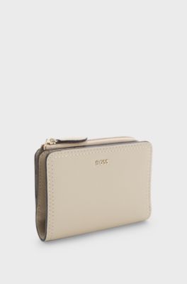 Portafoglio in pelle martellata con scritta del logo metallizzata, Beige chiaro