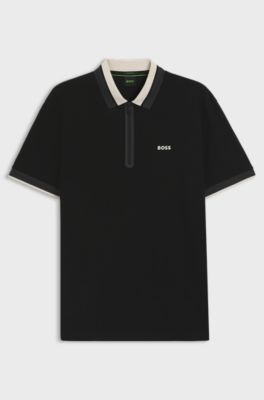 Cotton-piqu&eacute; polo shirt with zip placket, Black