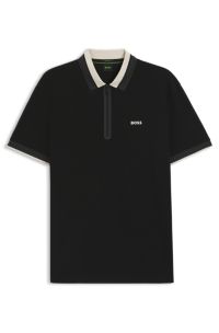 Cotton-piqué polo shirt with zip placket, Black