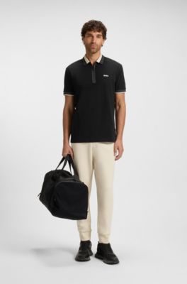 Cotton-piqu&eacute; polo shirt with zip placket, Black