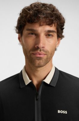 Cotton-piqu&eacute; polo shirt with zip placket, Black