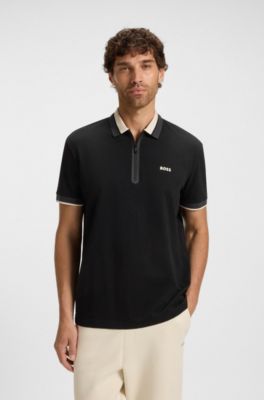 Cotton-piqu&eacute; polo shirt with zip placket, Black