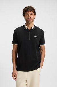 Cotton-piqué polo shirt with zip placket, Black