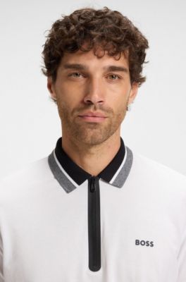 Cotton-piqu&eacute; polo shirt with zip placket, White