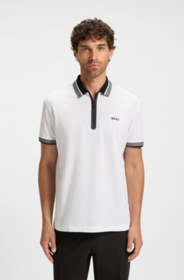 Cotton-piqu&eacute; polo shirt with zip placket, White