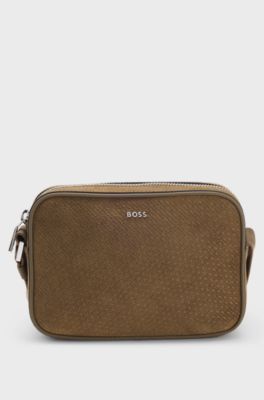 Crossbody bag in monogram-embossed suede, Beige