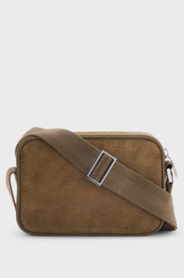 Crossbody bag in monogram-embossed suede, Beige