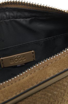 Crossbody bag in monogram-embossed suede, Beige