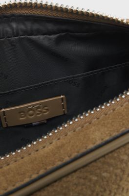 Borsa a tracolla in pelle scamosciata goffrata con monogramma, Beige